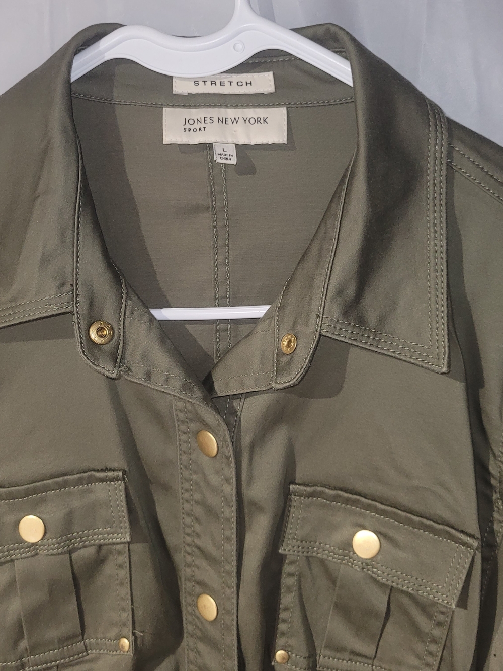 Jones New York Olive Utility Jacket with Gold-Tone Snaps Size Large